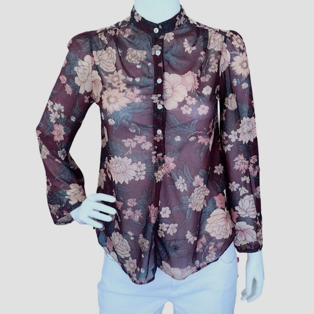 Caribou Vintage Sheer Floral Mock Neck Blouse Puff Shoulder Burgundy Pink